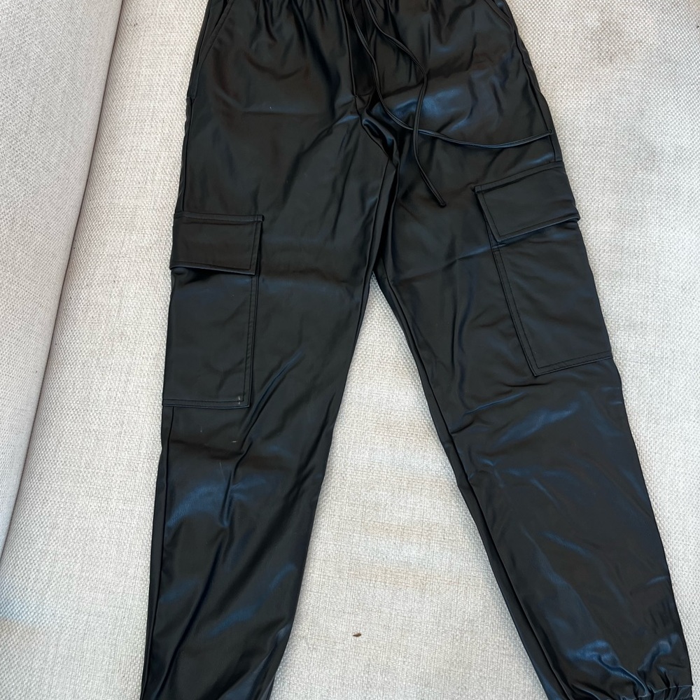Zara Black Faux Leather Cargo Pants